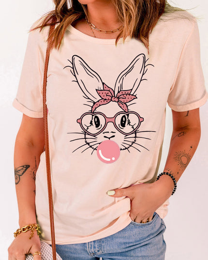 Rabbit Graphic Round Neck Short Sleeve T-Shirt Blush Pink