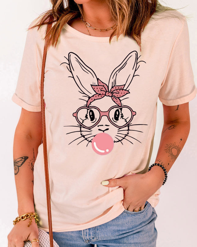 Rabbit Graphic Round Neck Short Sleeve T-Shirt Blush Pink