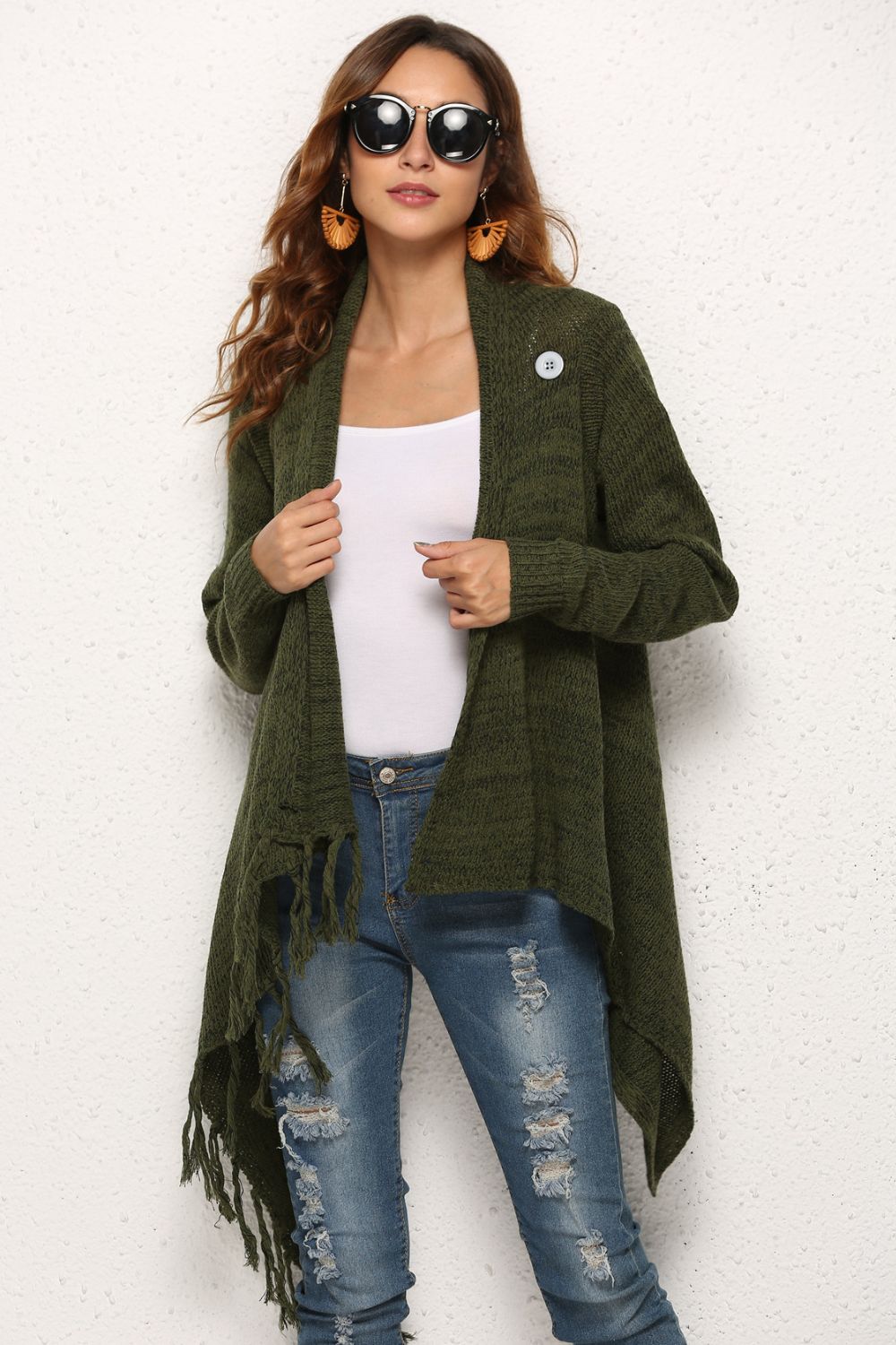 Angel Wings One-Button Tassel Tie Asymmetrical Hem Cardigan Olive