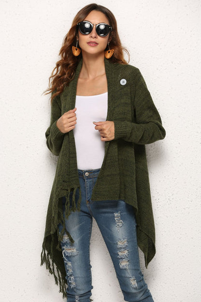 Angel Wings One-Button Tassel Tie Asymmetrical Hem Cardigan Olive