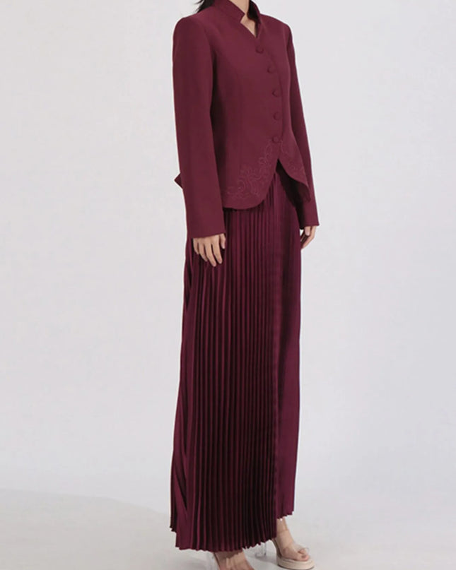 Button Up Long Sleeve Top and Pleated Skirt Set