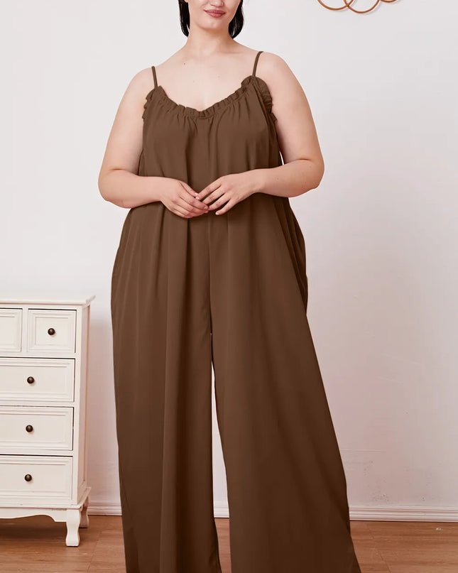 Double Take Full Size Ruffle Trim Tie Back Cami Jumpsuit with Pockets
