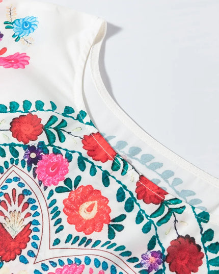 Floral Print Round Neck Ruffle Trim Blouse