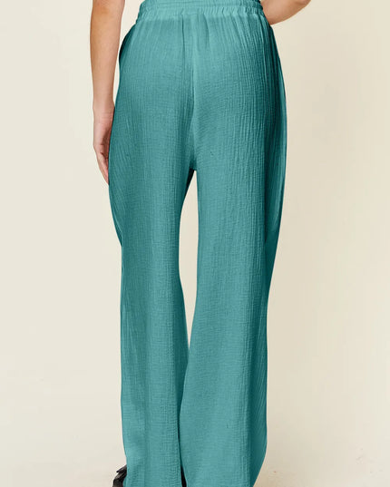 Double Take Full Size Texture Drawstring Wide Leg Pants