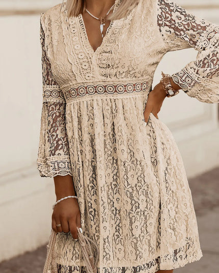 Lace V-Neck Three-Quarter Sleeve Dress Tan