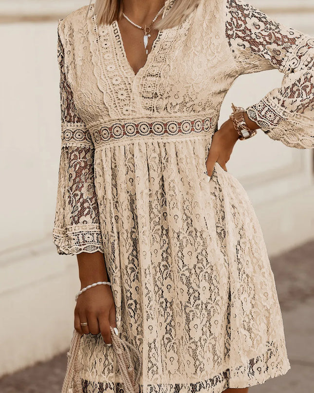 Lace V-Neck Three-Quarter Sleeve Dress Tan