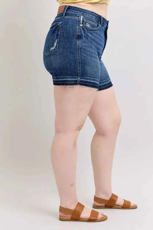 Judy Blue Full Size High Waist Tummy Control Destroy Release Hem Denim Shorts Plus Size