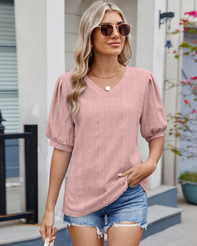 Eyelet V-Neck Puff Sleeve Casual Top 