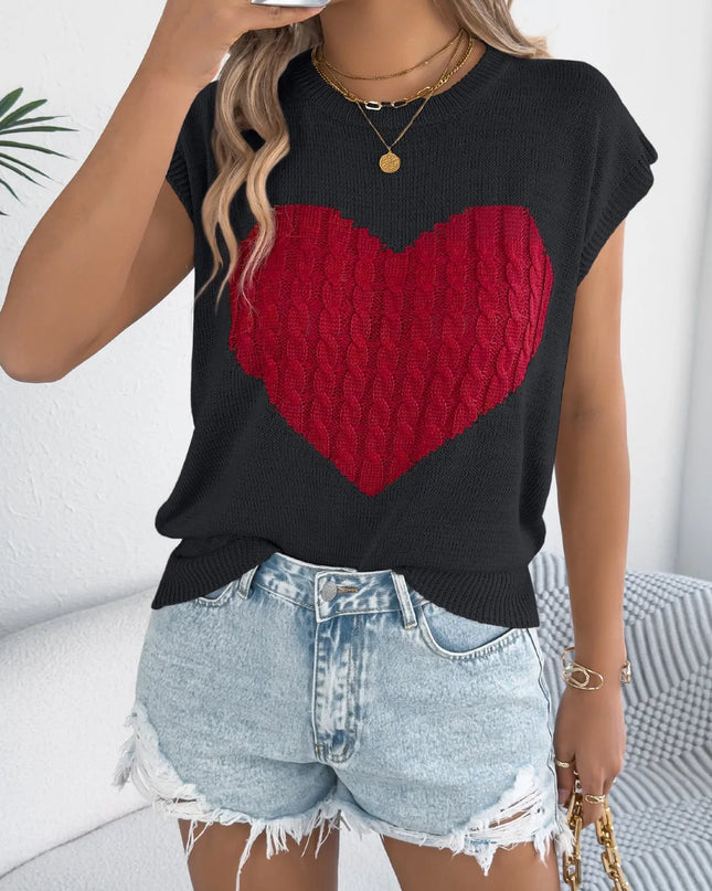 Cable Knit Heart Round Neck Cap Sleeve Knit Top