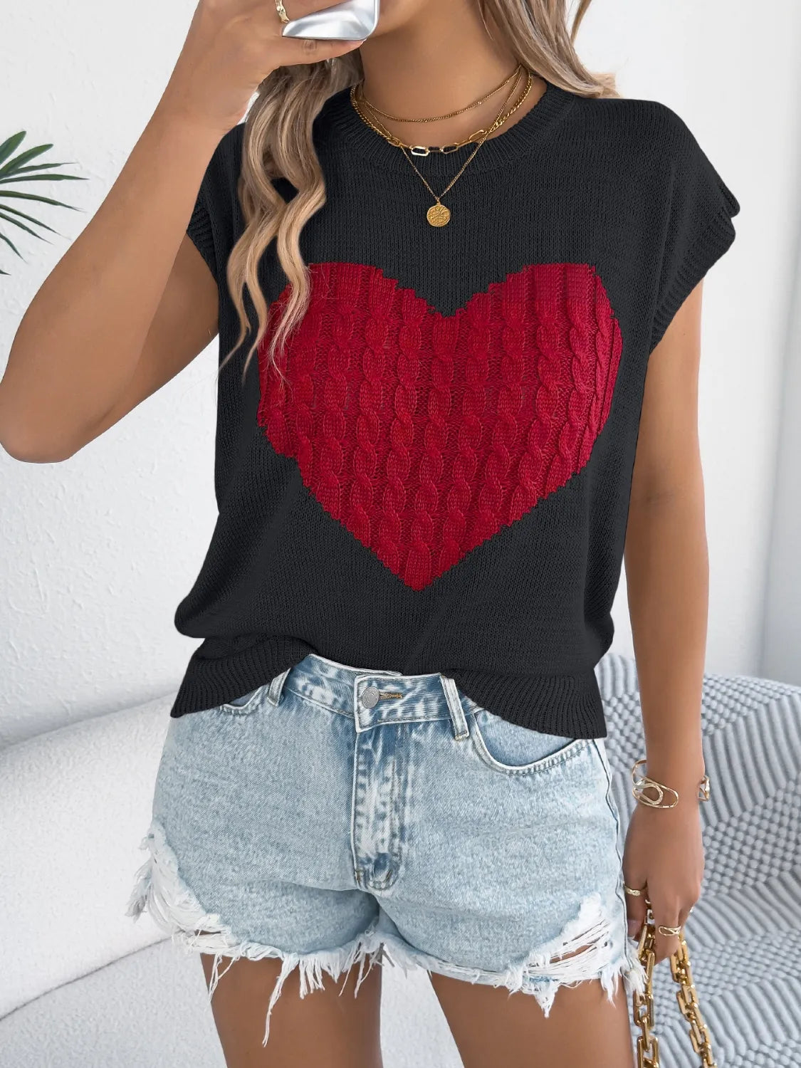 Cable Knit Heart Round Neck Cap Sleeve Knit Top