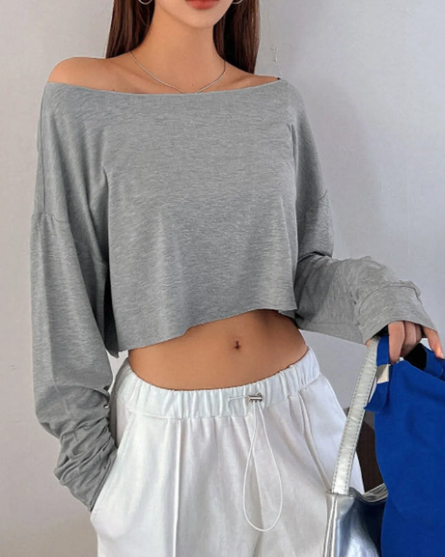 Boat Neck Long Sleeve T-Shirt Gray