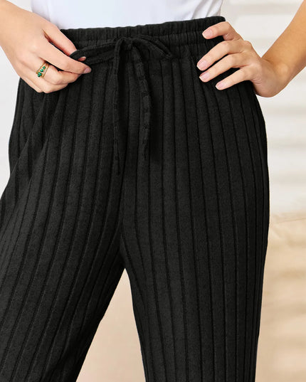 Basic Bae Full Size Ribbed Drawstring Hooded Top and Straight Pants Set