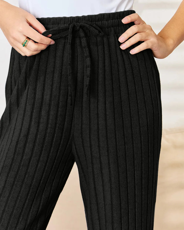 Basic Bae Full Size Ribbed Drawstring Hooded Top and Straight Pants Set