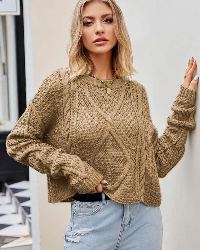 Cable-Knit Round Neck Dropped Shoulder Sweater Camel