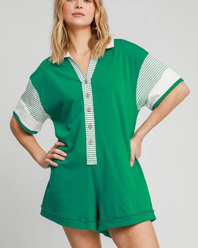Umgee French Terry Collared Colorblock Romper KELLY GREEN