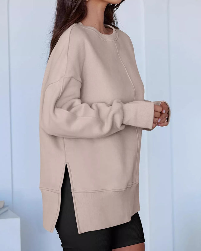 Side Slit Round Neck Long Sleeve Sweatshirt