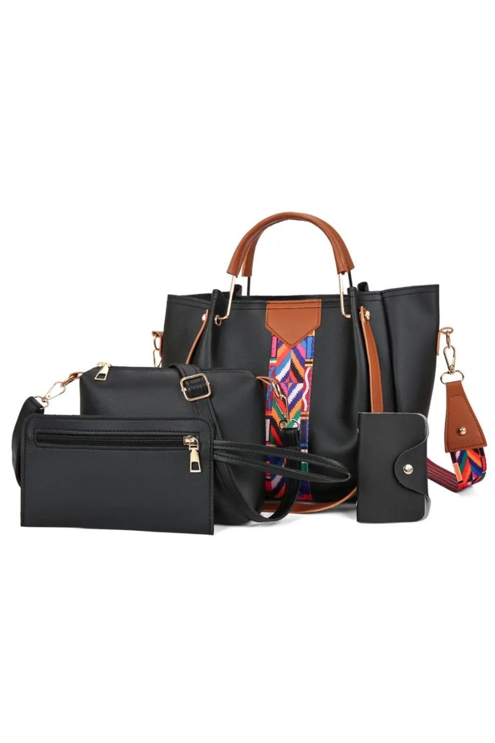 4-Piece Geometric Strap Bag Set Black onesize