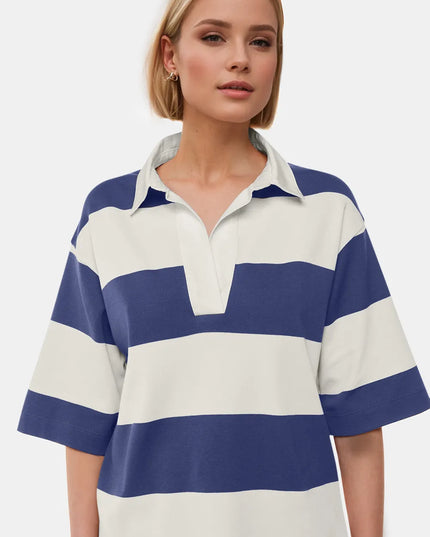 Oh Pima Cotton Wash Color Block Johnny Collar Half Sleeve Top