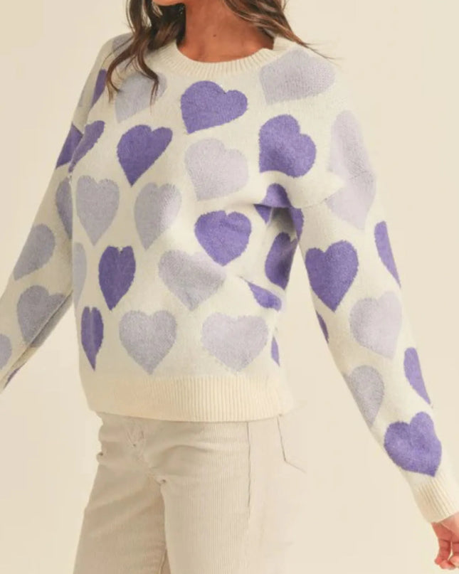 Heart Ribbed Hem Long Sleeve Sweater Pink Purple