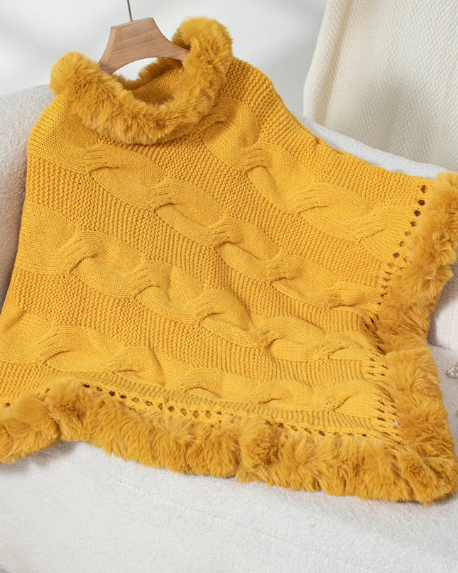 Fuzzy Hem Cable-Knit Poncho Gold One Size