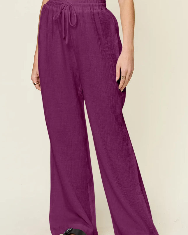 Double Take Full Size Texture Drawstring Wide Leg Pants