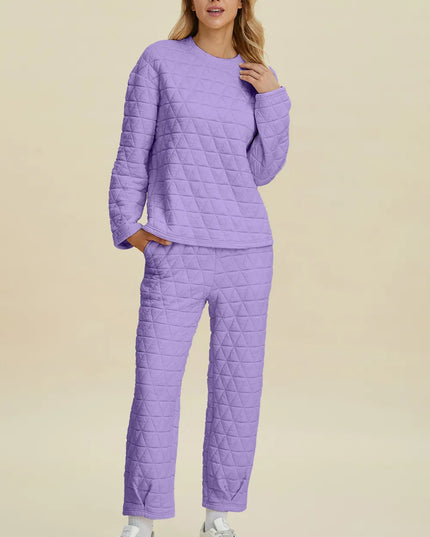 Double Take Full Size Texture Round Neck Long Sleeve Top and Pants Set Lavender