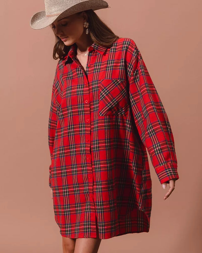 SO ME Christmas Checker Plaid Button Up Shirt Dress