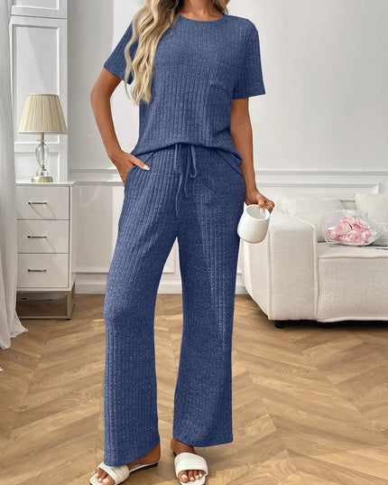 Ribbed Knit Short Sleeve Top and Pants Lounge Set