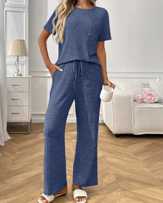Ribbed Knit Short Sleeve Top and Pants Lounge Set