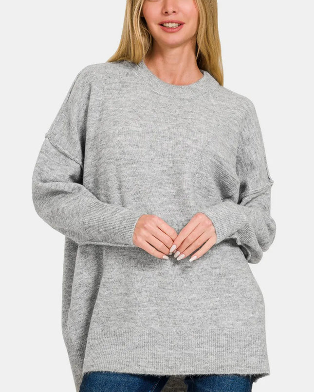 Zenana High-Low Hem Drop Shoulder Sweater Grey