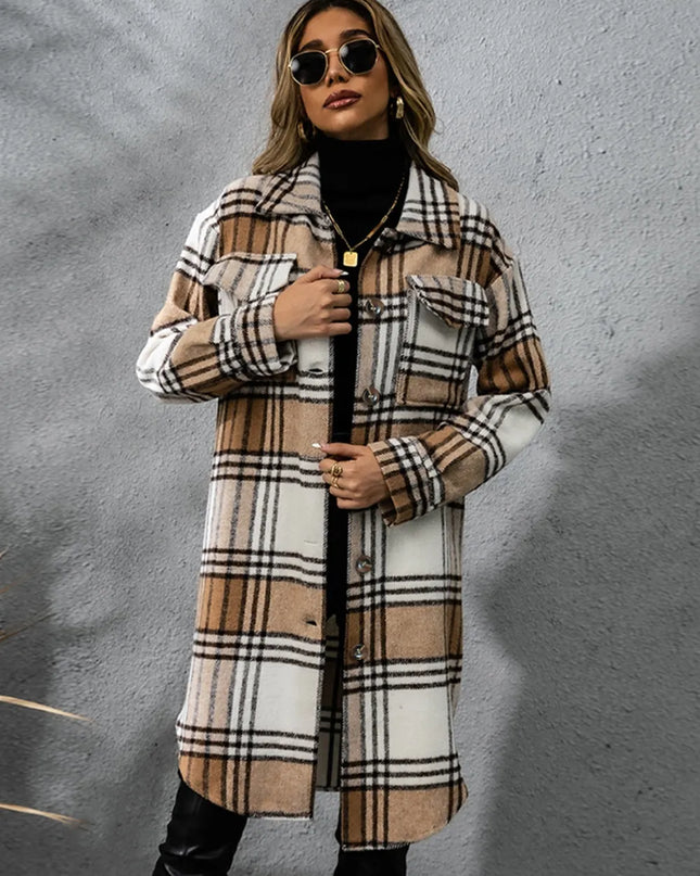 Plaid Collared Neck Long Sleeve Coat Camel