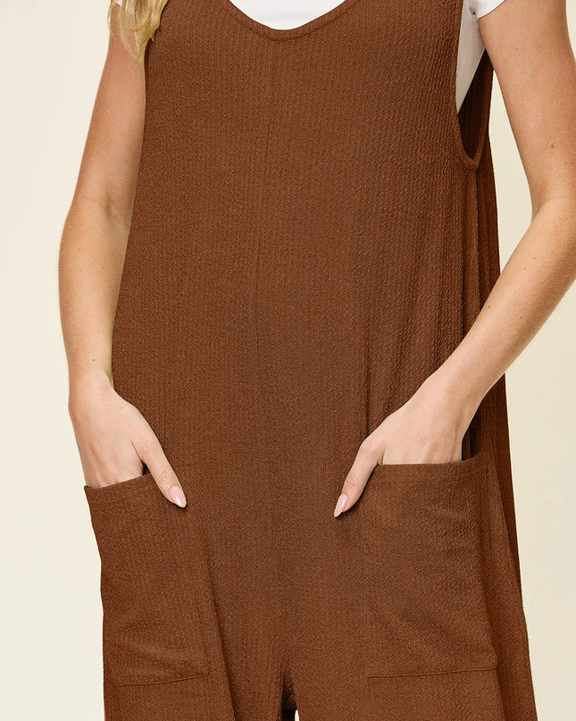Double Take Full Size Texture Sleeveless Wide Leg Jumpsuit