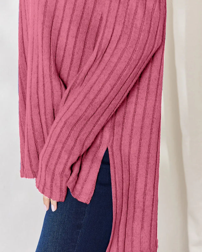 Basic Bae Full Size Ribbed Half Button Long Sleeve High-Low T-Shirt