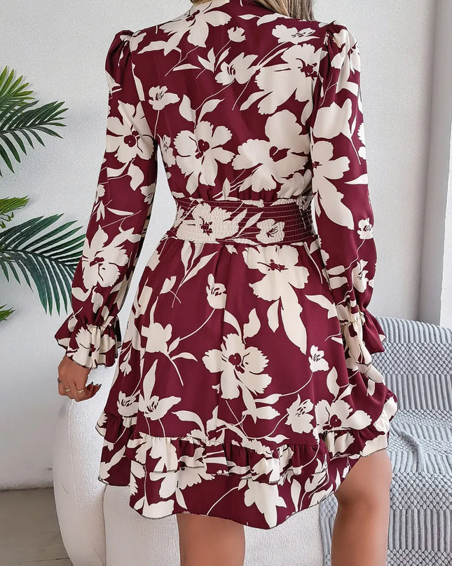 Tied Ruffled Printed Long Sleeve Dress