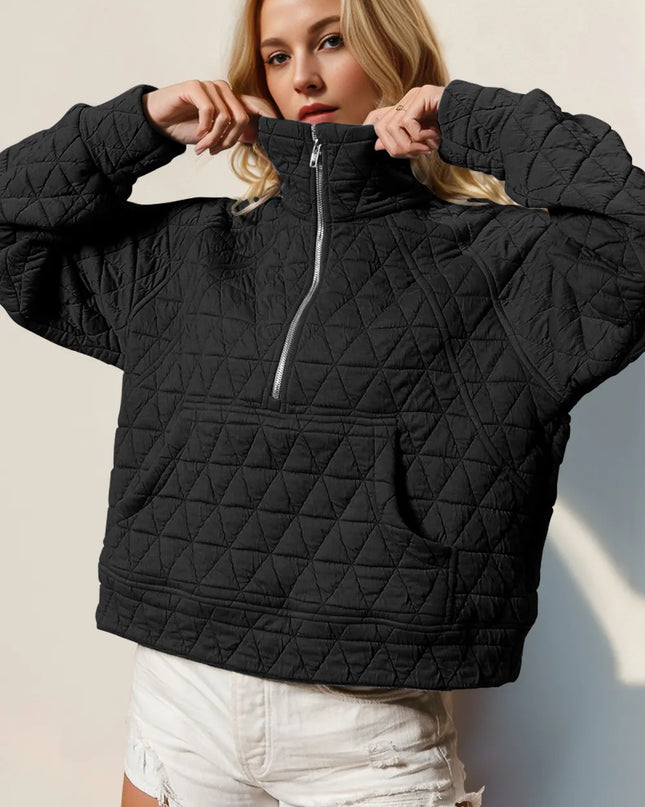Double Take Half Zip Long Sleeve Quilted Sweatshirt with Pocket Black