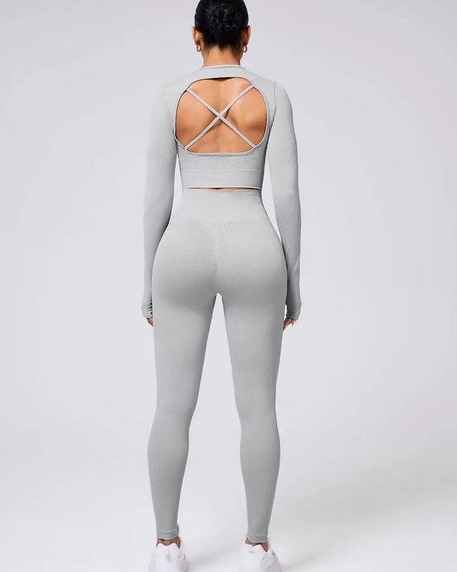 Back Crisscross Round Neck Long Sleeve Top and Leggings Active Set 
