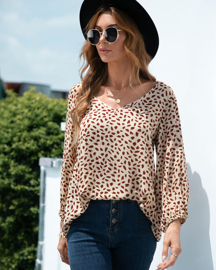 Printed V-Neck Balloon Sleeve Blouse