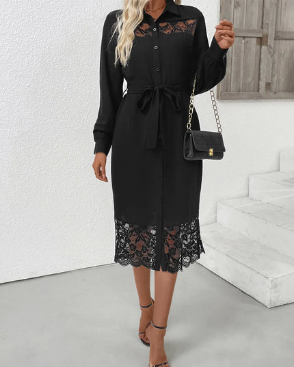 Lace Detail Button-Front Midi Shirt Dress Black