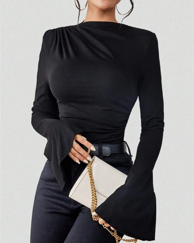 Bell Sleeve Ruched Fitted T-Shirt with Mock Neck Black