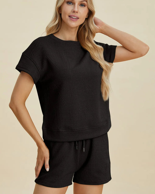 Double Take Full Size Texture Short Sleeve Top and Shorts Set