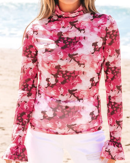 Floral Mesh Flounce Sleeve Mock Neck Blouse Strawberry