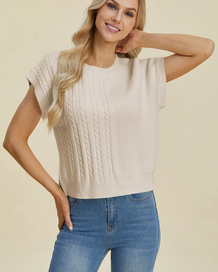 Double Take Full Size Cable-Knit Round Neck Short Sleeve Sweater