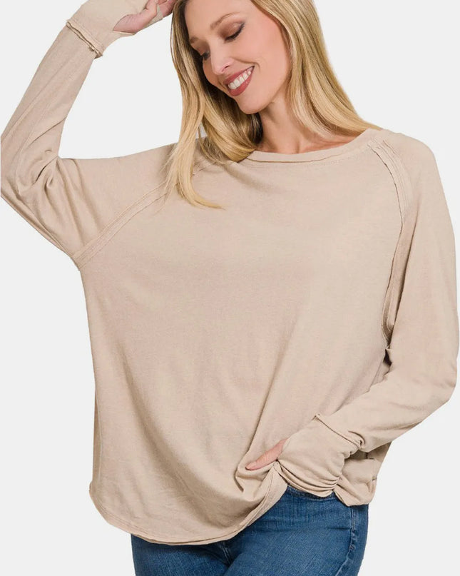 Zenana Round Neck Thumbhole Long Sleeve Top