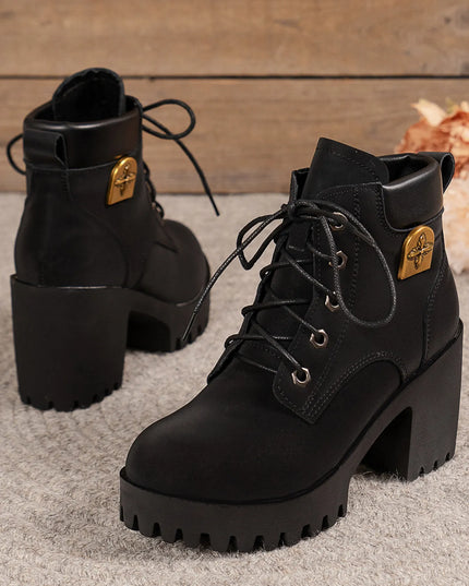 Lace Up Block Heel Boots Black
