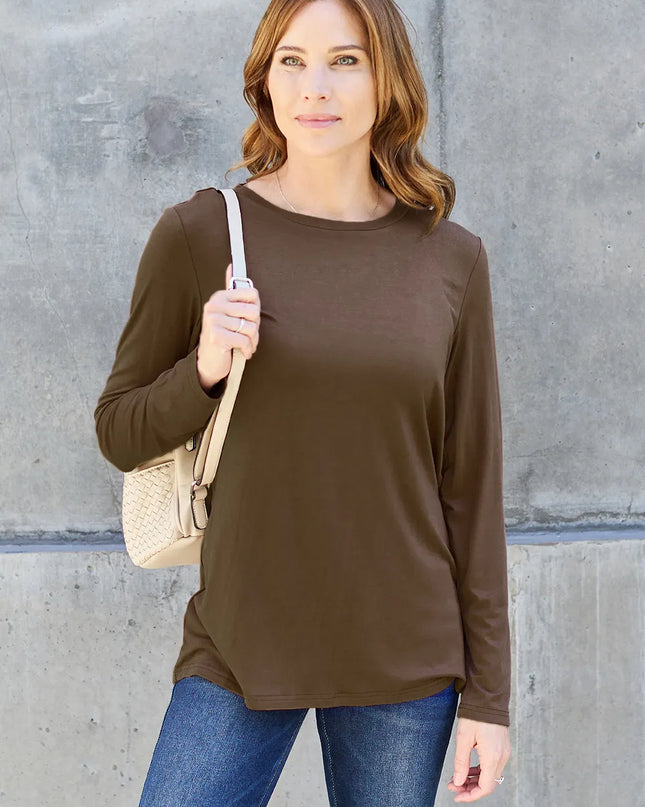 Basic Bae Full Size Round Neck Long Sleeve Top Dark Brown