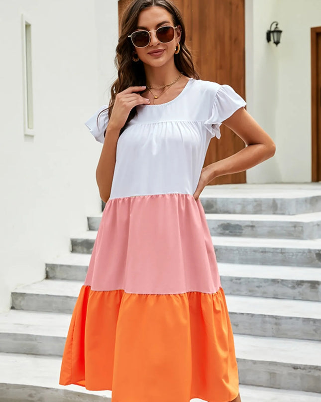 Plus Size Color Block Tiered Ruffle Summer Dress Orange