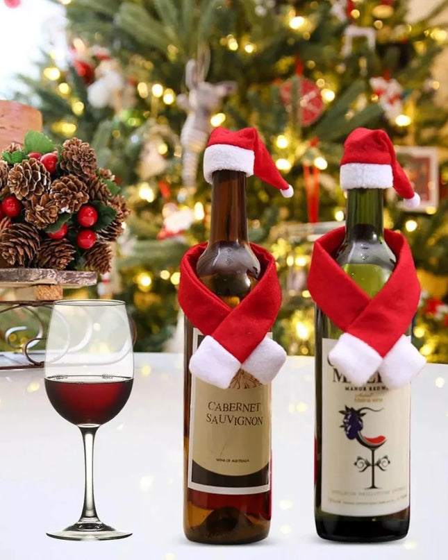 2 Piece Christmas Wine Bottle Santa Hat & Scarf Decorative Covers Red One Size