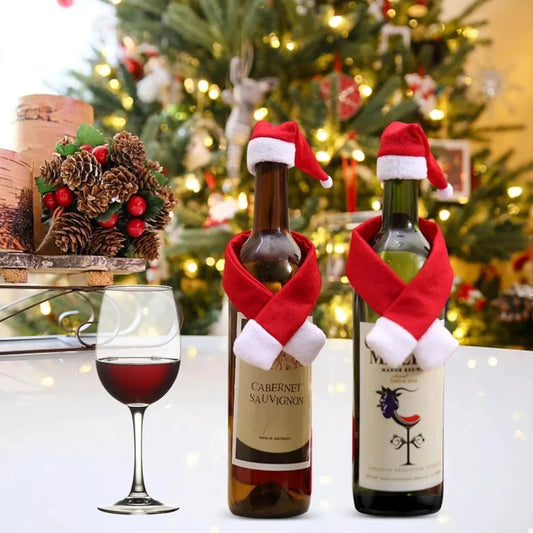 2 Piece Christmas Wine Bottle Santa Hat & Scarf Decorative Covers Red One Size