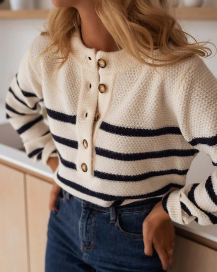 Striped Button-Front Sweater Beige