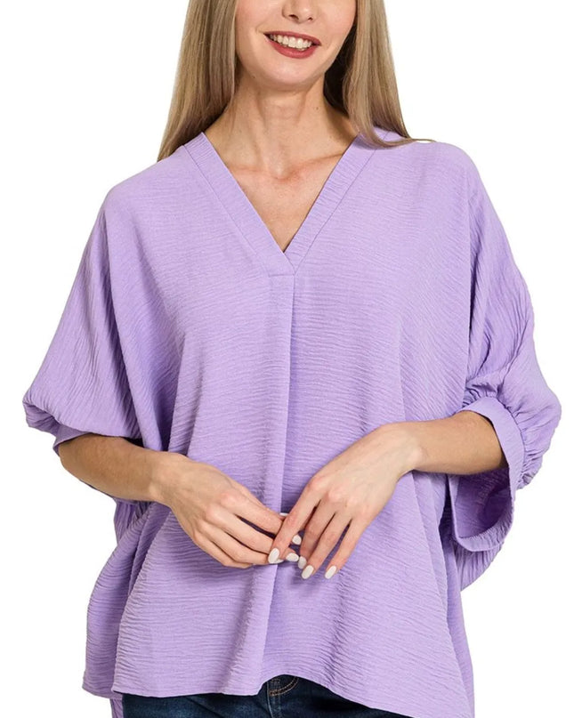 Zenana Woven Airflow V-neck Puff Half Sleeve Top 